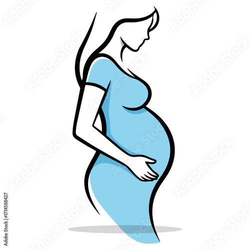 Pregnant woman in blue dress, expecting a baby, side view.