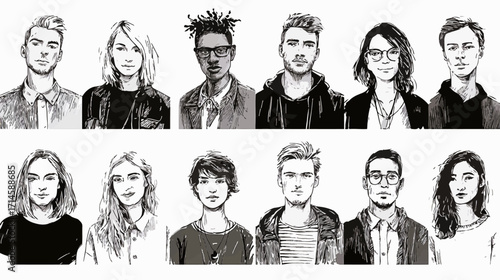 12 avatars, grid layout, hand-drawn illustration style, solid black ink like rapidograph pen, young adults (20-30 years old), mix of male and female, diverse hairstyles and outfits,
