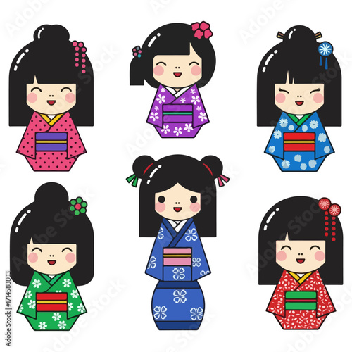 Six Japanese Kokeshi Dolls in Traditional Kimonos.