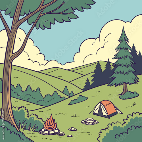 Camping scene idyllic nature mountains trees tent campfire peaceful landscape