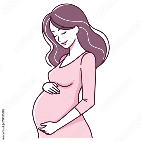 Pregnant woman gently holds her baby bump with tenderness and love.