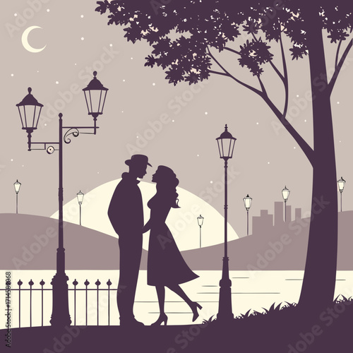 Romantic Couple Silhouette Night Cityscape Moonlit Park Love romantic couple