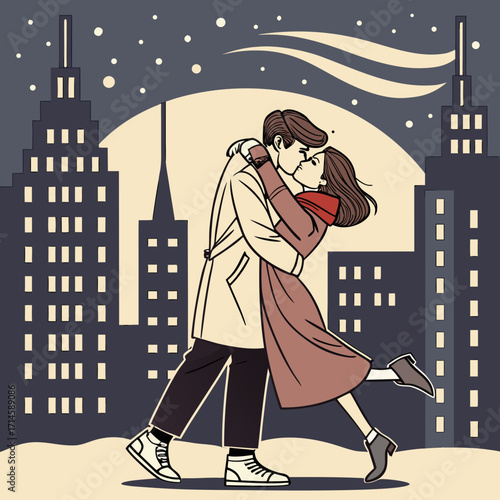 Romantic couple kissing under city night sky stars moon romantic