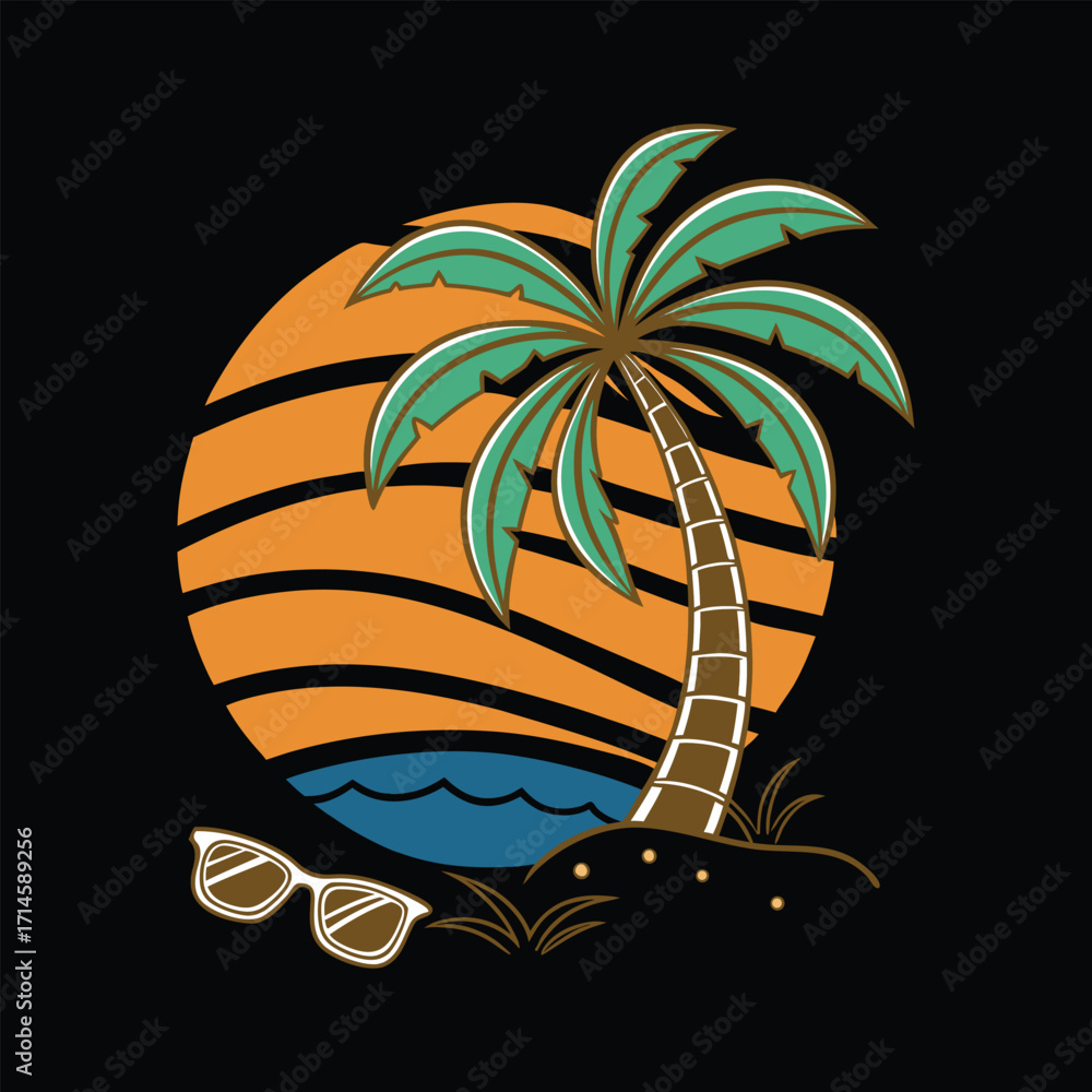 Fototapeta premium Flat Summer Emblem with Green Palm Tree at Center – T-Shirt Design