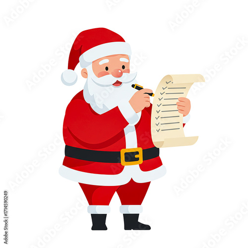Santa Claus is meticulously checking his list, preparing for the joyous Christmas season, clad in his iconic red suit and hat