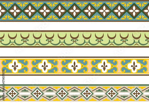 Vector set of colored seamless classic renaissance ornament. Endless european border, revival style frame