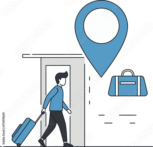 Traveler with suitcase arriving at destination marked by location pin and duffel bag
