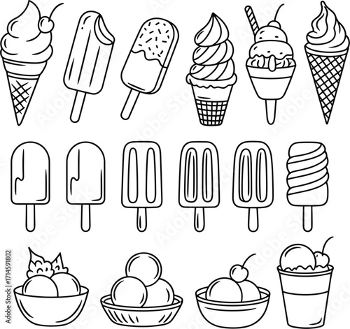 Ice Cream Collection Assorted Frozen Treats Cones Popsicles Bowls Line Art frozen dessert sweet