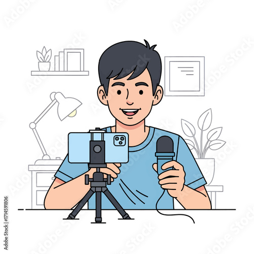 A young man is recording a video with a smartphone and microphone, set up on a tripod in a room.