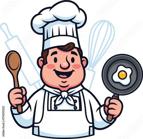 Happy cartoon chef holding a spoon and a frying pan with fried egg