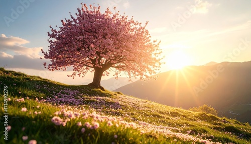 Wallpaper Mural Full bloom cherry tree graces a hilltop, petals drifting in golden sunlight. Torontodigital.ca