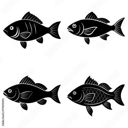 Four black fish silhouettes with varying fin and scale designs swimming in different directions on white