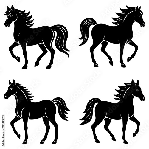 Four black horse silhouettes with flowing manes and tails in various walking and standing poses on white