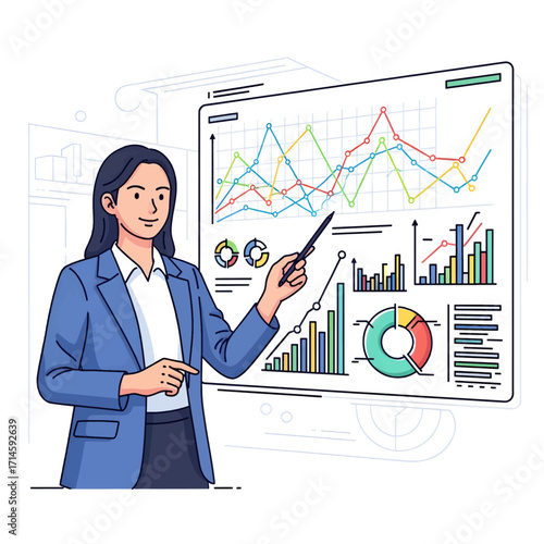 A woman in a blue suit presents a financial report with various charts and graphs on a large screen.