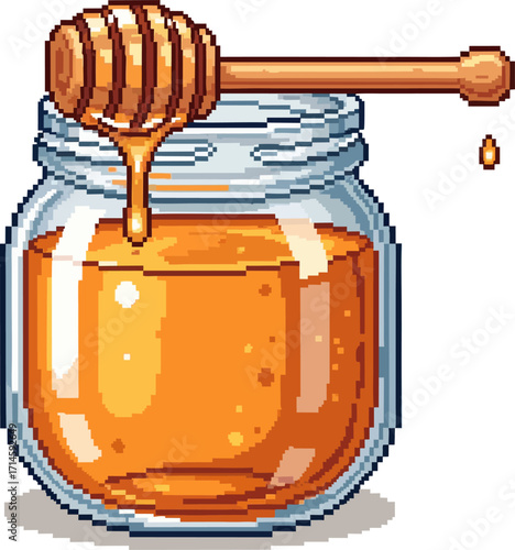 Pixel art illustration of a honey jar with a dipper, dripping honey.