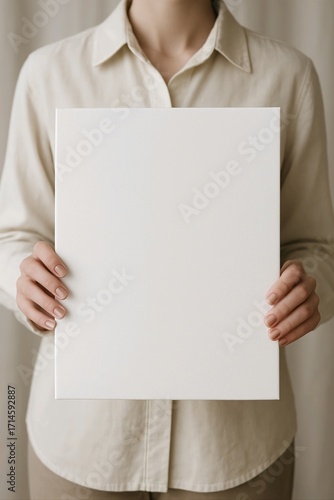 Minimalist photo of woman holding blank white canvas for mockup