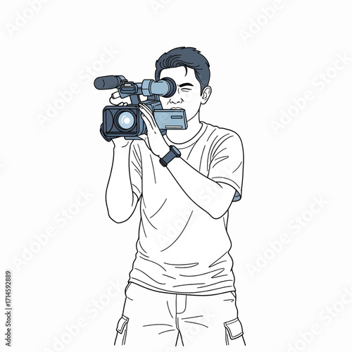 A man wearing a t-shirt and shorts is holding a video camera and filming.