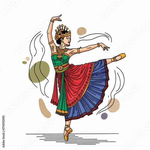 A graceful dancer in traditional attire performs a ballet pose with elaborate headwear and colorful clothing.