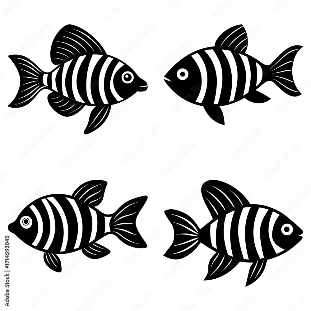 Naklejka premium Four stylized black and white striped fish swimming in different directions on a white background design art