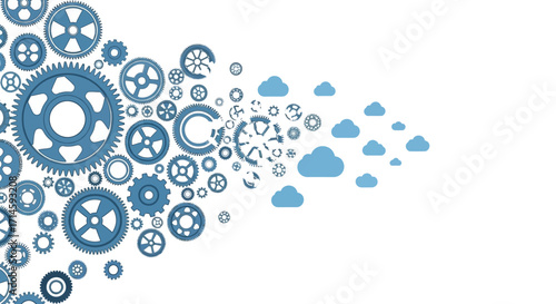 Blue gears and cogs transforming into cloud icons, symbolizing digital transformation, cloud computing, and technological evolution on a white background.