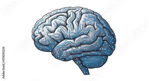 Illustration of a human brain with integrated circuit patterns, suggesting technological advancements in neuroscience.