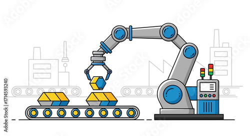 Robotic arm assembling parts on a conveyor belt in a factory.