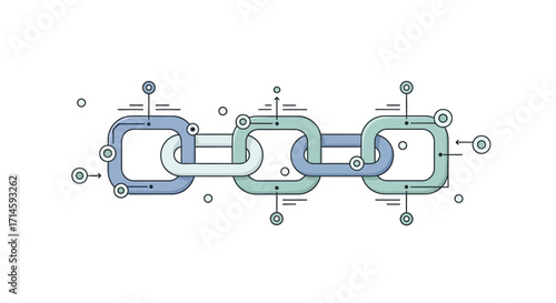 A stylized illustration of a blockchain network with interconnected blocks and nodes, representing data security and digital connectivity.