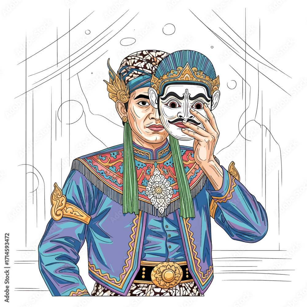 Obraz premium A man in traditional Indonesian attire holds a mask, revealing a different face beneath.