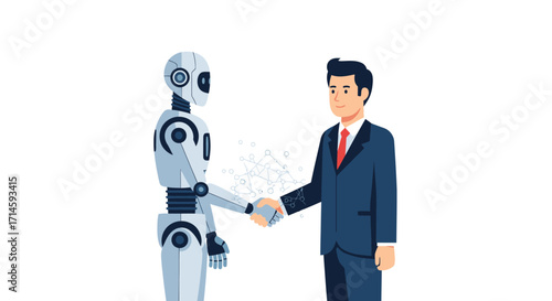 A businessman in a formal suit shakes hands with an advanced humanoid robot, symbolizing a partnership between humans and artificial intelligence.