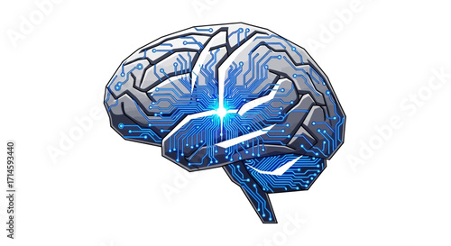 A stylized illustration of a human brain with intricate blue circuitry patterns, symbolizing artificial intelligence and advanced technology.