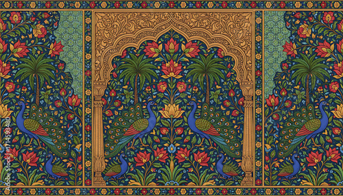 tree pattern seamless arch traditional peacock floral with palm temple garden plants mughal illustration 19391690 1