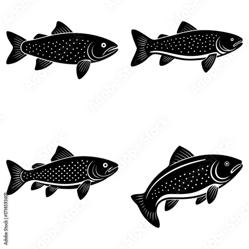 Four black fish with white spots arranged symmetrically on a white background in a simple vector style