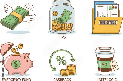Financial concepts illustrated money management savings budgeting and spending habits