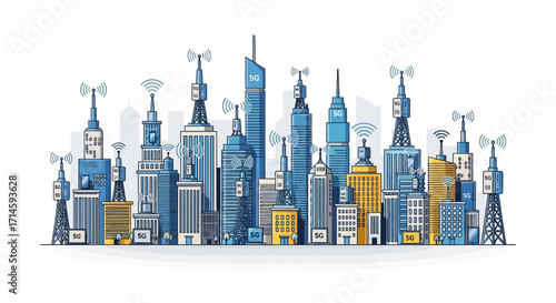 Illustration of a cityscape with various buildings, antennas, and wireless communication symbols.