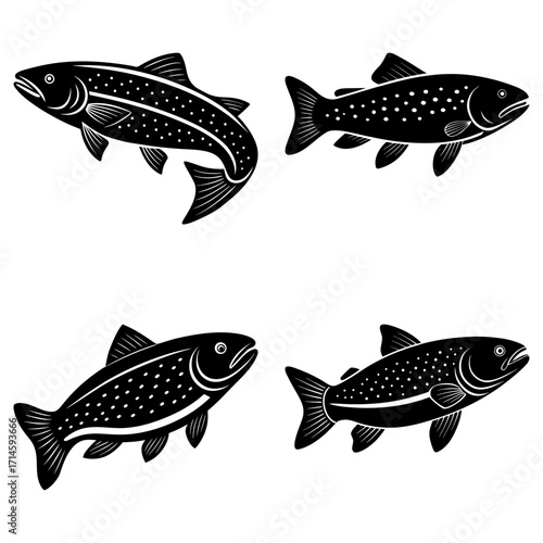 Illustration of four black and white fish with spots swimming in different directions on a white background