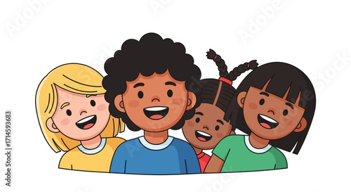 A diverse group of four happy cartoon children with different hairstyles and skin tones smiling together against a white background.