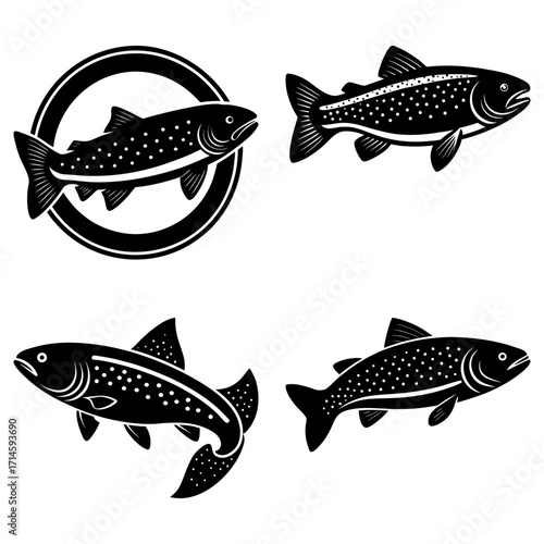 Four black and white illustrations of fish in different orientations and compositions on a white background