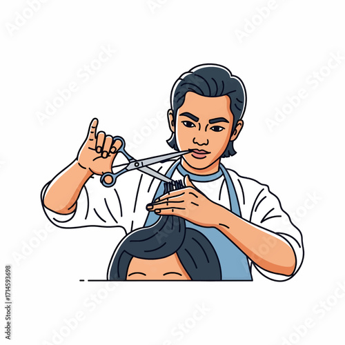 A barber is cutting a client's hair with scissors and a comb in a salon.