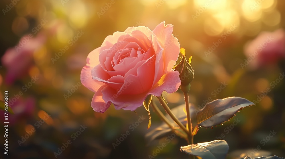 Obraz premium Pink rose wallpaper. Close up of a pink rose in a video. A garden with a shallow depth of sunlight and romance. Wallpaper featuring lifestyle pink roses.
