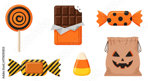 Halloween candy assortment including lollipops, chocolate bars, hard candies, and a candy corn in a burlap bag.