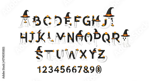 Halloween-themed alphabet and numbers with ghost and witch characters.