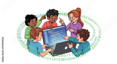 A diverse group of cartoon children collaboratively learning computer programming on a laptop, surrounded by binary code.