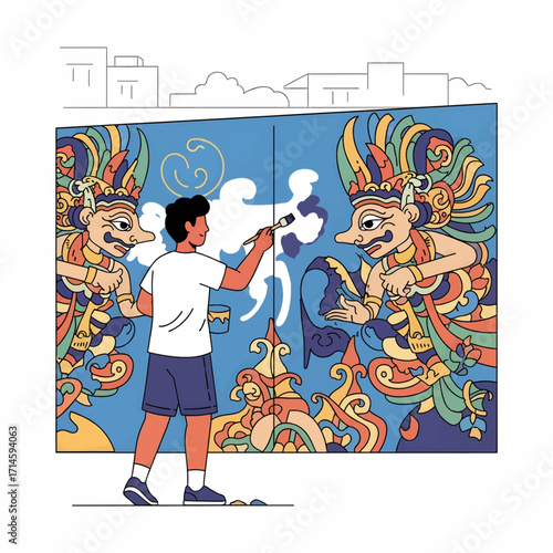 A young artist is painting a vibrant mural on a large blue wall, depicting traditional figures with colorful headdresses and intricate designs.
