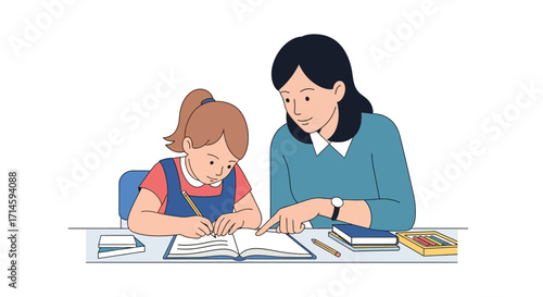 A teacher helps a young student with her homework, pointing at the open book on the desk.