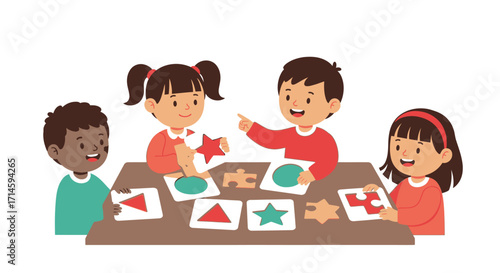 Four diverse young children happily collaborating and learning with shape sorting puzzles at a table.