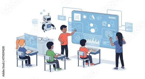 Children learning about technology and artificial intelligence in a modern classroom with interactive screens and a robot.