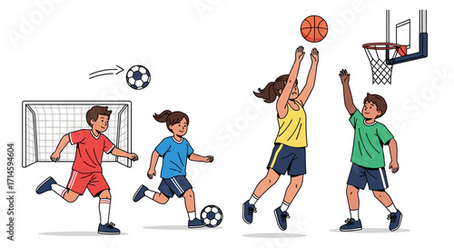 Cartoon illustration of diverse children playing team sports, including soccer and basketball.