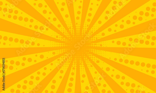 Abstract orange comic background. Art pop cartoon backdrop. Halftone effect pattern. Fun anime texture. Starburst manga style bg. Mark popart radial gradient. Spiral, swirl, comic rays.