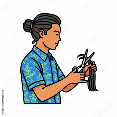 A person with dark hair tied in a bun, wearing a blue floral shirt, is shown from the chest up, cutting their own long dark hair with scissors.