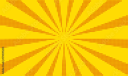 Retro yellow sunburst vector background with halftone rays. Vector graphic art template for summer themes. Burst of orange and yellow rays in a comic book style illustration.